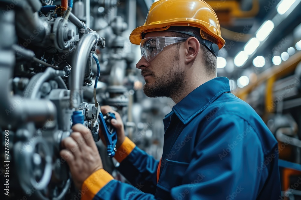 Poster engineer inspecting and maintaining machinery in an industrial maintenance workshop. generative ai.