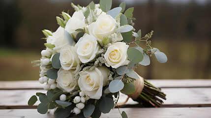 Bridal wedding bouquet with white roses and eucalyptus flowers.