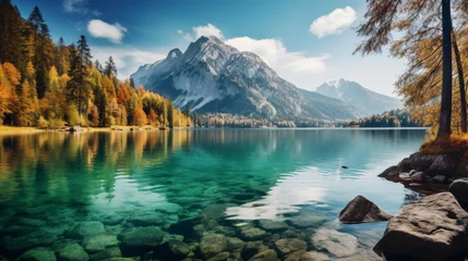 Foto op Plexiglas Fantastic autumn panorama on Hinter see lake. Colorful scene © Marukhsoomro