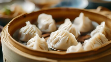 Obraz na płótnie Canvas Chinese steamed dumplings in bamboo steamer, closeup