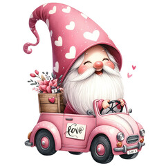 Valentine's Gnome on Car with Flowers