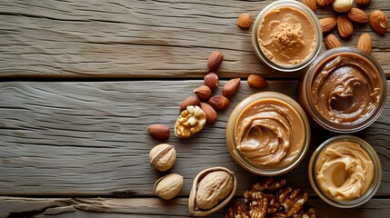 Obraz na płótnie Canvas Peanut butter in a glass bowl with nuts on a wooden background