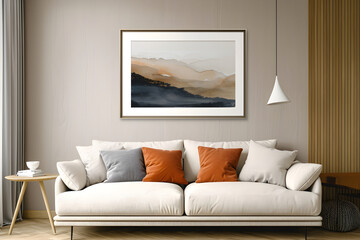 design for cozy modern living room, soft colors. Nice modern french design for a room, catalogue. Beige and grey, brown. Furniture store. Abstract painting on the wall.