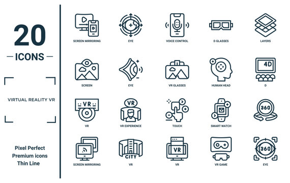 virtual reality vr linear icon set. includes thin line screen mirroring, screen, vr, screen mirroring, eye, vr glasses, icons for report, presentation, diagram, web design