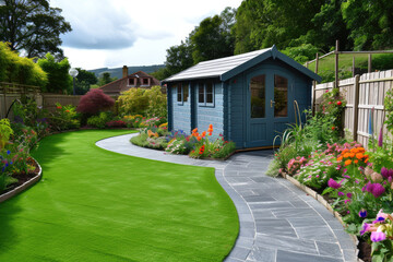 A general view of a back garden with artificial grass, grey paving slab patio, flower bed with plants, timber fences, blue shed, summer house garden timber outbuilding, with tropical garden - obrazy, fototapety, plakaty