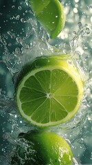 A few photos of green lemon and water with a light green and transparent texture style. Generative AI.