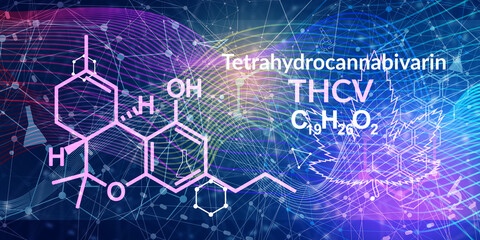 Tetrahydrocannabivarin or THCV molecular structural chemical formula. Futuristic science backdrop. Pharmacology concept