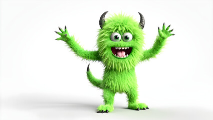 collection of green colorful furry and cute monster dancing and waving 3D render character cartoon style Isolated on white background