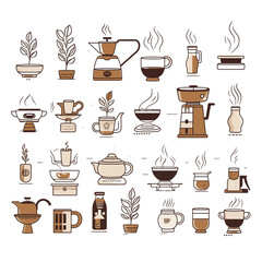 Obraz premium Vector illustration of a stylish coffee cup set with icons, perfect for cafe and restaurant designs, featuring symbols of hot beverages like espresso and cappuccino in a trendy silhouette pattern for 