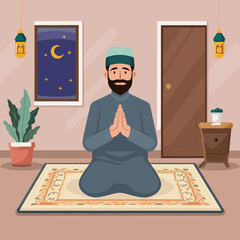Muslim people is praying salat dhuha on a prayer mat in his room