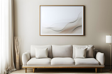 design for cozy modern living room, soft colors. Nice modern french design for a room, catalogue. Beige and grey. Furniture store. Abstract painting on the wall.