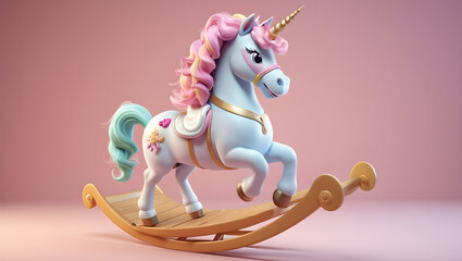 3D illustration of a happy unicorn on a rocking horse, with a very colorful mane. Concept of happiness, recklessness. 3D render character cartoon style Isolated