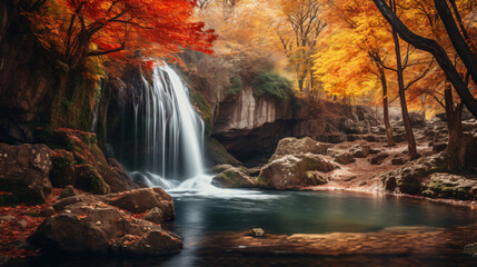  Waterfall view in autumn. The autumn colors