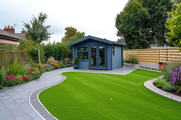 Fototapeta na wymiar A general view of a back garden with artificial grass, grey paving slab patio, flower bed with plants, timber fences, blue shed, summer house garden timber outbuilding, with tropical garden