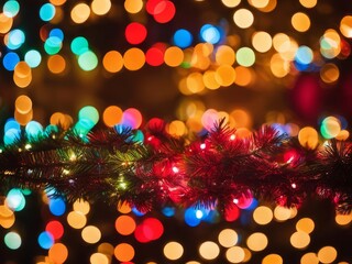 Fototapeta na wymiar Colorful Christmas Tree With Baubles And Blurred Shiny Lights Bokeh
