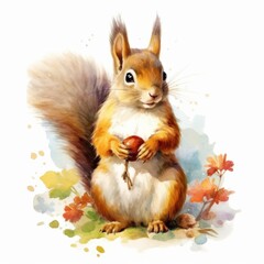 Happy Squirrel With autumn leaf, isolate on white background