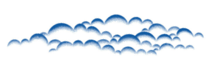 Vector background, cumulus clouds, banner. Halftone dots, fading dot effect.