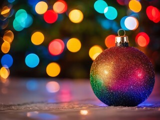 Colorful Christmas Tree With Baubles And Blurred Shiny Lights Bokeh