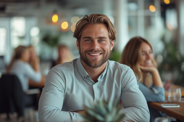 Portrait of a handsome young man in blue shirt siting in a creative office with his colleagues in the background