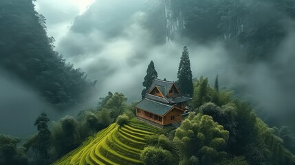 The house in the green woods at the mountain with clouds and mist. the picture is realistic and high definition. Aerial high view. Generative AI.