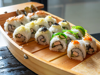 Three Pieces of Sushi Rolls with Slices of Green Pepper