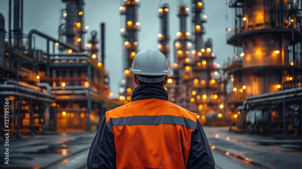 Poster professional engineer working at oil refinery and gas processing plant. generative ai.
