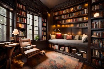 A reading nook within the bedroom, with cozy seating, bookshelves, and warm lighting, providing a perfect escape for literary adventures - obrazy, fototapety, plakaty