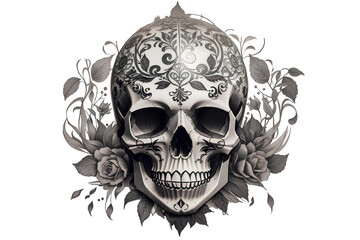skull face with flower tattoo on transparent background, created by ai generated