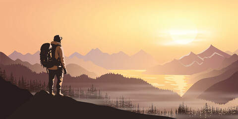 A tourist meets the sunrise in the mountains, hiking, adventure tourism and travel, vector illustration	