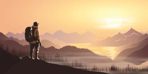 Poster A tourist meets the sunrise in the mountains, hiking, adventure tourism and travel, vector illustration  © Valerii