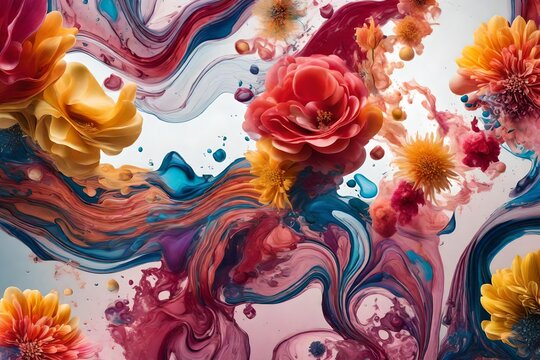 An HD-captured image showcasing the harmonious dance of colorful liquids on a simple backdrop, complemented by elegant flower patterns for a modern and sophisticated visual experience