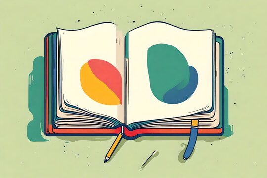 A minimalist notebook with a bold, colorful illustration of an open book on the cover