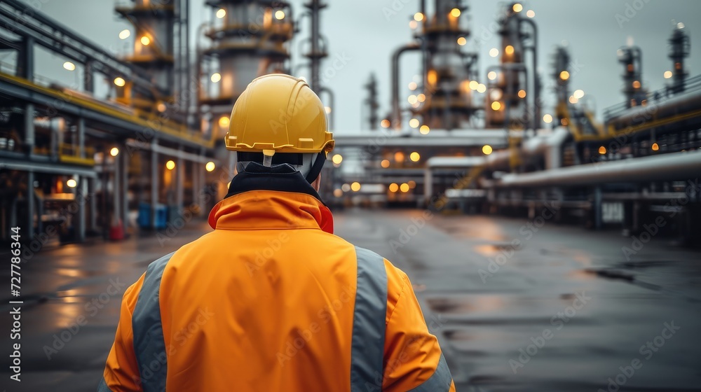 Poster professional engineer working at oil refinery and gas processing plant. generative ai.