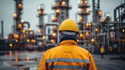 Refinery worker working in an industrial plant for the production and processing of crude oil. Generative AI.