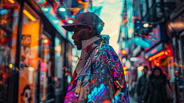 Guy in a Windbreaker and Snapback Cap, Casually Walking down a Street Filled with 90s Aesthetics, Evoking a Sense of Nostalgia