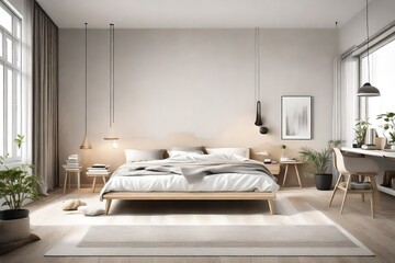 A Scandinavian-style bedroom with clean lines, neutral tones, and minimalistic design, creating a...