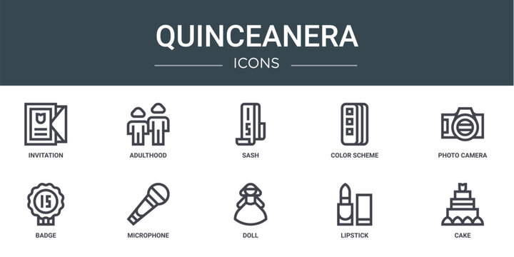 set of 10 outline web quinceanera icons such as invitation, adulthood, sash, color scheme, photo camera, badge, microphone vector icons for report, presentation, diagram, web design, mobile app