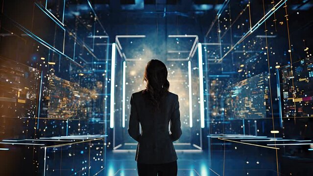 Big Data Center Female Chief Technology Officer Using Laptop Standing In Warehouse, Activates Servers, Information Digitalization Starts. SAAS, Cloud Computing, Web Service