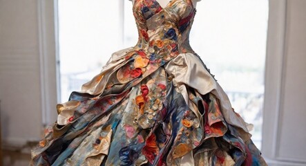 A formal women's dress designed with dried paint and oil pieces.