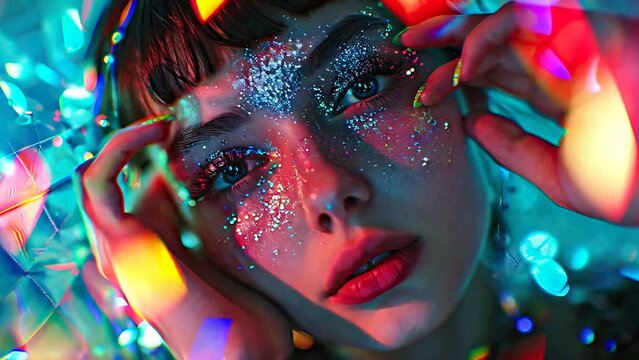 Futuristic Glamour: A Girl with Holographic Nail Art and Shimmering Makeup, Posing in a Futuristic Photo Booth with Vibrant Backgrounds