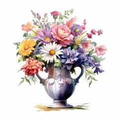 Watercolor vase of flower, isolate on white background.