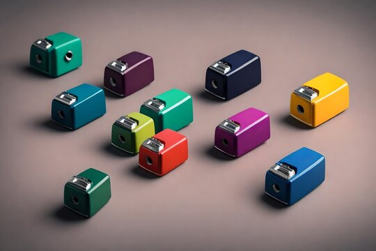 An HD image of a colorful minimalistic pencil sharpener with clean lines and a sleek design