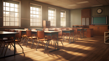 Classroom interior with school desks and chair for teacher.
