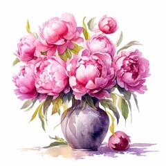 Pink peonies in vase isolate on white background, watercolor