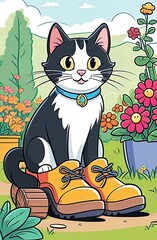 Cat in the boot. Cartoon Illustration. Isolated on white background. Coloring.