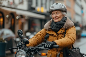 Fototapeta na wymiar Older Woman Riding a Bike Down a Street