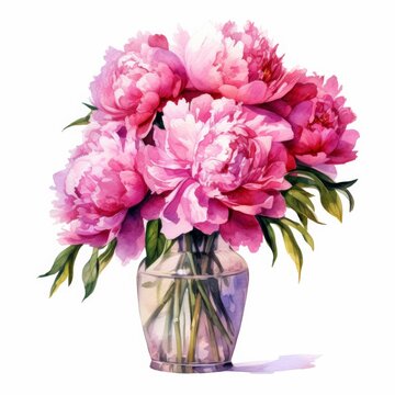 Pink peonies in vase isolate on white background, watercolor