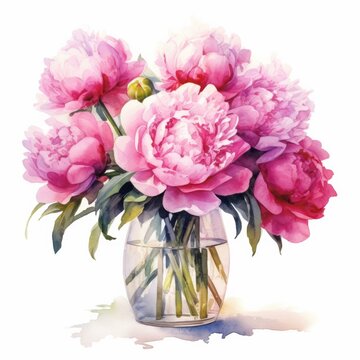 Pink peonies in vase isolate on white background, watercolor
