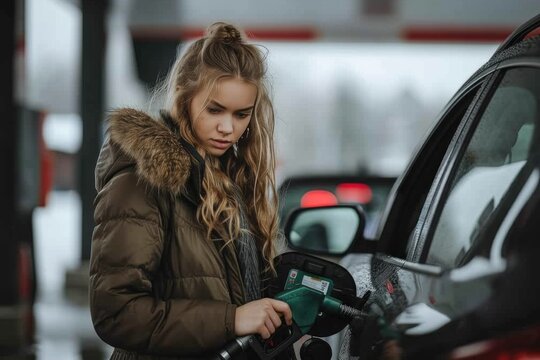 Woman Filling Her Car With Gas at a Gas Station