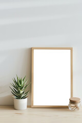 Minimalistic frame home decor with copy space for text. blank frame with succulent on the desk. white frame or transparent frame.  frame mockup on the table